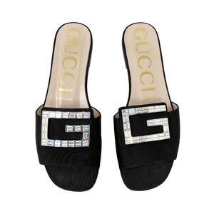Gucci Black Mules‎ Slide Flat Sandals Crystal Logo Size 36.5